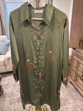 Jon & Anna Olive Green Leopard Motif Button-Down Shirt
